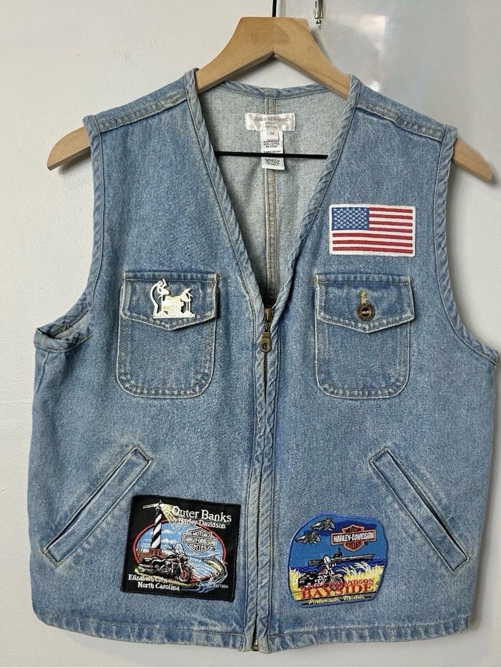 Y2K Custom Harley-Davidson Patch Denim Vest USA Biker Moto Americana Women M